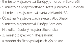 - 9 miesto Majstrovstv Eurpy juniorov  v Bukureti - 9 miesto na Majstrovstvch sveta juniorov a junioriek - 11 miesto Majstrovstv sveta v Miami/USA - as na Majstrovstvch sveta v AbuDhab - 9 miesto Majstrovstv Eurpy Sarajevo - Niekokonsobn majster Slovenska      - 3. miesto z grckych Thessalonik    a mnoho alch vynikajcich vsledkov